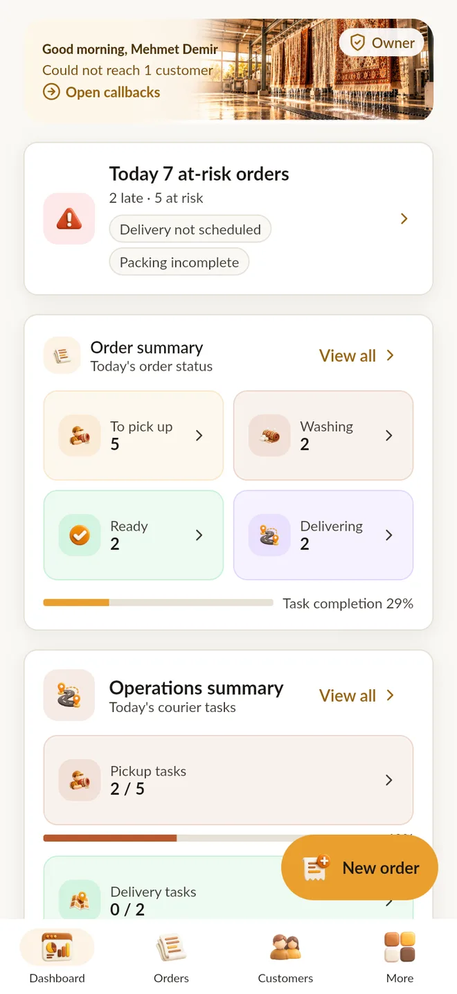 PakBi management dashboard on a phone: today’s pick-ups and deliveries, carpets in the wash and revenue